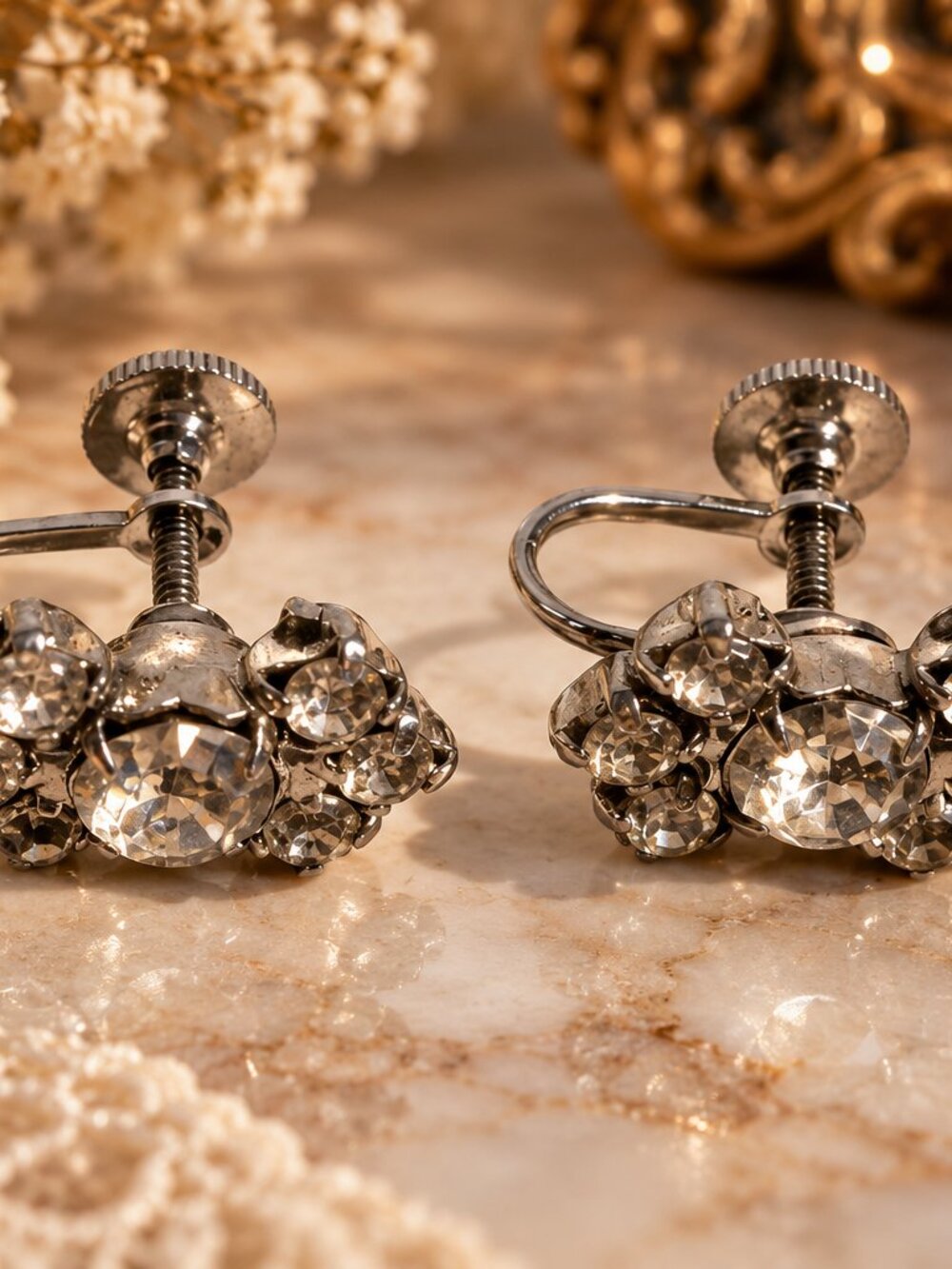 Vintage Rhinestone Cluster Screw Back Earrings Silver Tone